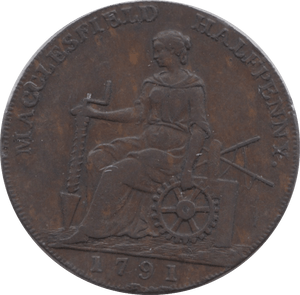 1791 HALFPENNY TOKEN CHESHIRE MACCLESFIELD FEMALE WITH COG DH38 ( REF 217 )