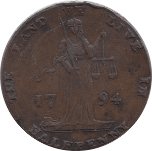 1794 HALFPENNY TOKEN DUBLIN JUSTICE L AND R CYPHER HAROLDS CROSS DH338  ( REF 194 )
