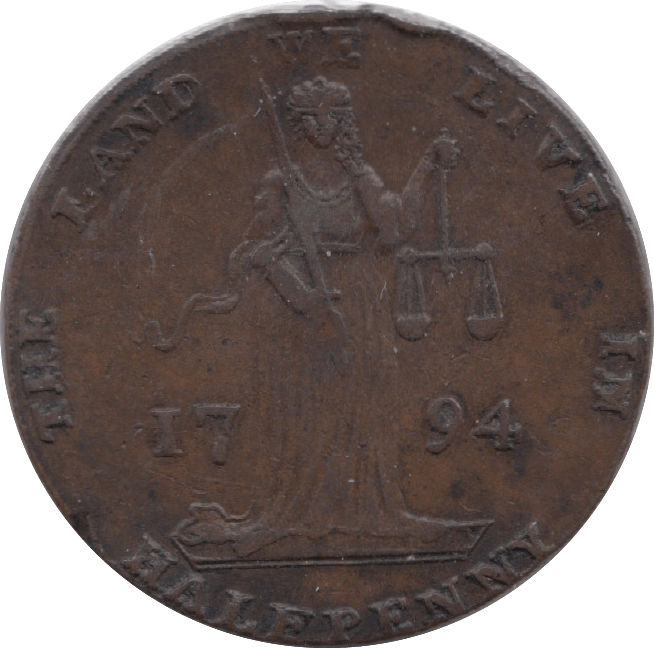 1794 HALFPENNY TOKEN DUBLIN JUSTICE L AND R CYPHER HAROLDS CROSS DH338  ( REF 194 )