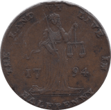 1794 HALFPENNY TOKEN DUBLIN JUSTICE L AND R CYPHER HAROLDS CROSS DH338  ( REF 194 )
