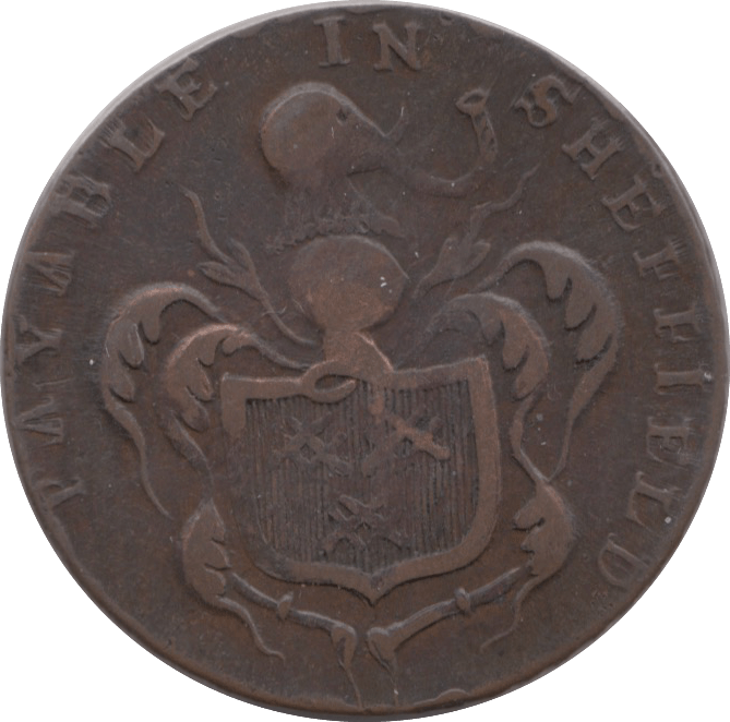 1793 HALFPENNY TOKEN YORKSHIRE SHEFFIELD SHIELD OF ARMS BUST WITH HAT ENGRAILED DH56 ( REF 179 )
