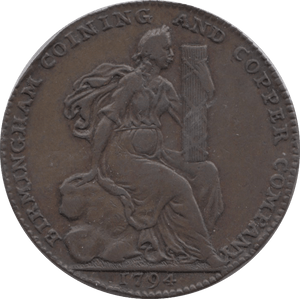 1794 HALFPENNY TOKEN WARWICKSHIRE FEMALE STORK AND CORNUCOPIA ( REF 169 )