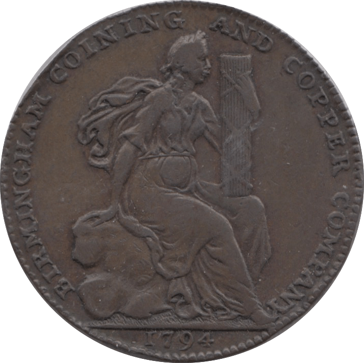 1794 HALFPENNY TOKEN WARWICKSHIRE FEMALE STORK AND CORNUCOPIA ( REF 169 )