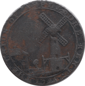 1794 HALFPENNY TOKEN KENT APPLEDORE WINDMILL LION AND LAMB PAY PECKHAMS DH3 ( REF 213 )