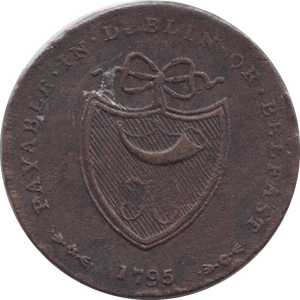 1795 HALFPENNY TOKEN CORK BUGLE AND ARMS JUSTICE HOLDING ANCHOR ( REF 193 )