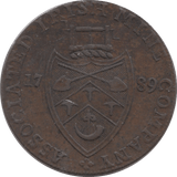 1789 HALFPENNY TOKEN WICKLOW BISHOP CRONBANE MINERS ARMS AND WINDLASS DH8 ( REF 203 )