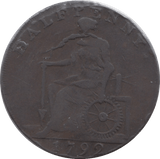 1792 HALFPENNY TOKEN CHESHIRE MACCLESFIELD FEMALE WITH COG RG CYPHER DH72A ( REF 219 )