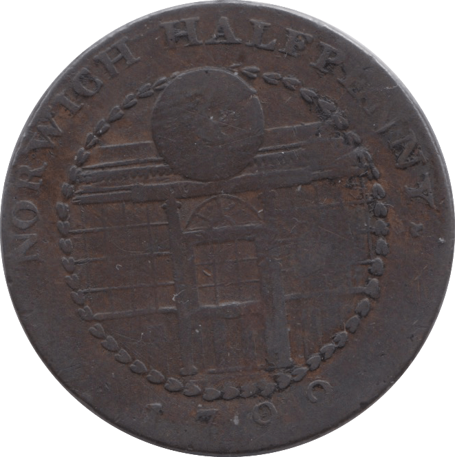 1792 HALFPENNY TOKEN NORFOLK NORWICH ARMS SHOP FRONT DH28 ( REF 89 )