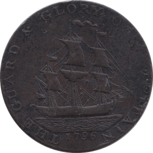 1796 HALFPENNY TOKEN HAMPSHIRE HOPE STANDING SHIP MILLED DH34 ( REF 118 )