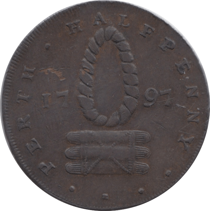 1797 HALFPENNY TOKEN PERTHSHIRE PERTH ARMS BUNDLE OF YARN DH6 ( REF 236 )