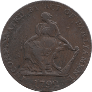 1799 HALFPENNY TOKEN CORK FEMALE WITH HARP HMC AND CO CYPHER DH91 ( REF 188 )