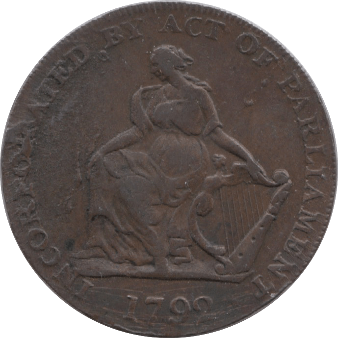 1799 HALFPENNY TOKEN CORK FEMALE WITH HARP HMC AND CO CYPHER DH91 ( REF 188 )