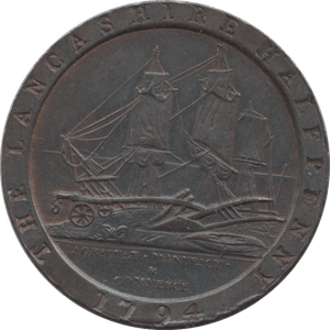 1794 HALFPENNY TOKEN LANCASHIRE BUST OF ECCLESTON SHIP AND PLOUGH DH58 ( REF 255 )