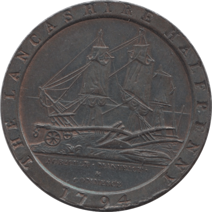 1794 HALFPENNY TOKEN LANCASHIRE BUST OF ECCLESTON SHIP AND PLOUGH DH58 ( REF 255 )