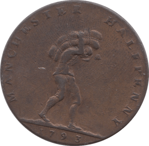 1793 HALFPENNY TOKEN LANCASHIRE PORTER & SACK MANCHESTER ARMS PLAIN DH 135H ( VF SCAR )  ( REF 71 )