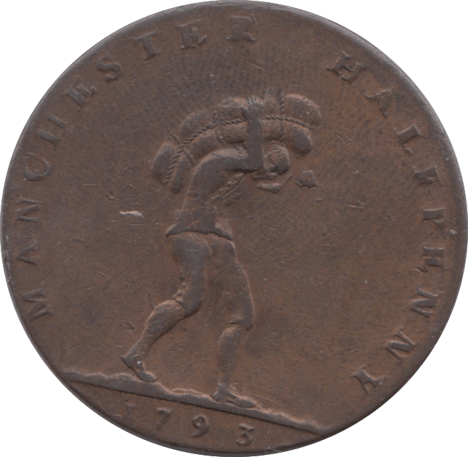 1793 HALFPENNY TOKEN LANCASHIRE PORTER & SACK MANCHESTER ARMS PLAIN DH 135H ( VF SCAR )  ( REF 71 )