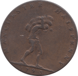 1793 HALFPENNY TOKEN LANCASHIRE PORTER & SACK MANCHESTER ARMS PLAIN DH 135H ( VF SCAR )  ( REF 71 )