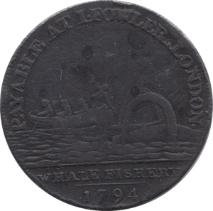 1794 HALFPENNY TOKEN MIDDLESEX NEPTUNE FOWLER WHALE FISHERERY DH306 ( REF 93 )