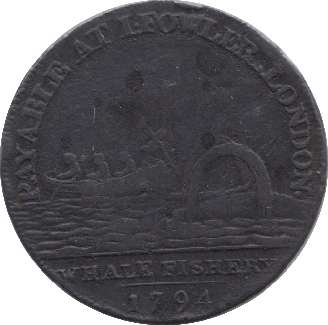 1794 HALFPENNY TOKEN MIDDLESEX NEPTUNE FOWLER WHALE FISHERERY DH306 ( REF 93 )