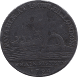 1794 HALFPENNY TOKEN MIDDLESEX NEPTUNE FOWLER WHALE FISHERERY DH306 ( REF 93 )