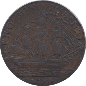 1794 HALFPENNY TOKEN HAMPSHIRE HELMETED ST BEVOIR SHIP PRO BONO DH41 ( VF ) ( REF 222 )