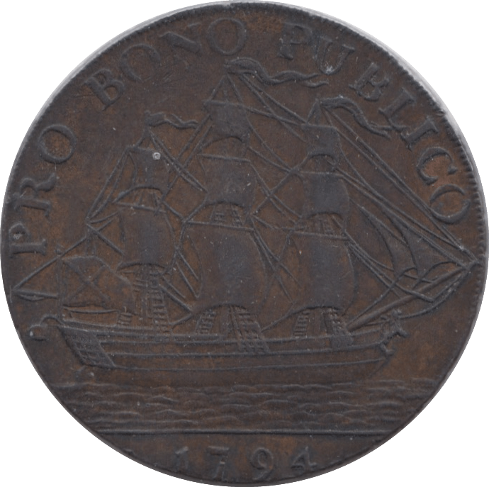 1794 HALFPENNY TOKEN HAMPSHIRE HELMETED ST BEVOIR SHIP PRO BONO DH41 ( VF ) ( REF 222 )