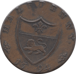1794 HALFPENNY TOKEN LANCASHIRE ARMS JOHN O GAUNT DH45 ( S ) ( REF 80 )