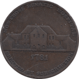 1799 HALFPENNY TOKEN ANGUSHIRE ARMS OF MONTROSE LUNATIC HOSPITAL DH33 ( REF 245 )