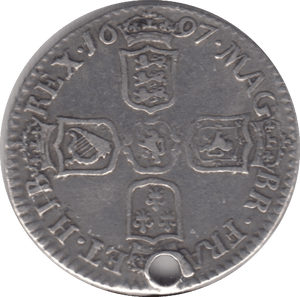 1697 SIXPENCE ( VF ) HOLED