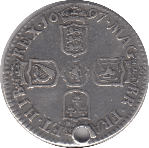 1697 SIXPENCE ( VF ) HOLED