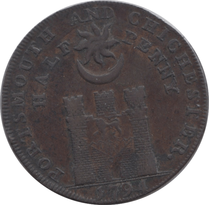 1794 HALFPENNY TOKEN HAMPSHIRE JOHN HOWARD ARMS OF PORTSMOUTH DH53 ( REF 229 )