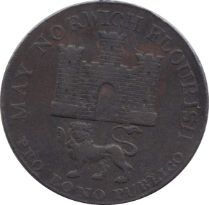 1792 HALFPENNY TOKEN NORFOLK ARMS OF NORWICH CASTLE OVER LION DH14 ( REF 86 )