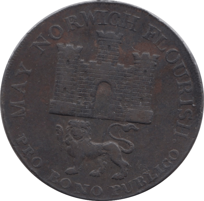 1792 HALFPENNY TOKEN NORFOLK ARMS OF NORWICH CASTLE OVER LION DH14 ( REF 86 )