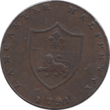 1791 HALFPENNY TOKEN LANCASHIRE JOHN GAUNT ARMS OF LANCASHIRE DH15 ( REF 110 )