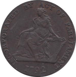 1792 HALFPENNY TOKEN CORK FEMALE WITH HARP HM AND CO CYPHER DH61 ( REF 187 )