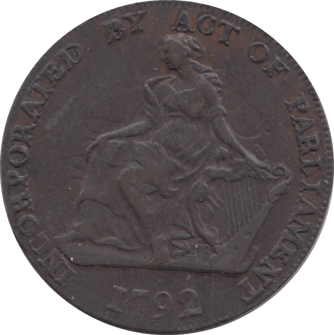 1792 HALFPENNY TOKEN CORK FEMALE WITH HARP HM AND CO CYPHER DH61 ( REF 187 )