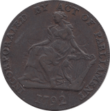 1792 HALFPENNY TOKEN CORK FEMALE WITH HARP HM AND CO CYPHER DH61 ( REF 187 )