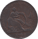 1796 HALFPENNY TOKEN ANGUSHIRE SARUM CATHEDRAL GROCERS ARM ( VF ) ( REF 247 )