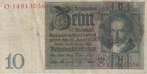 10 REICHSMARK GERMAN BANKNOTE REF 210