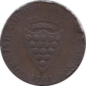 1791 HALFPENNY TOKEN CORNWALL DRUIDS HEAD SHIELD OF ARMS PLAIN DH2 ( REF 207 )