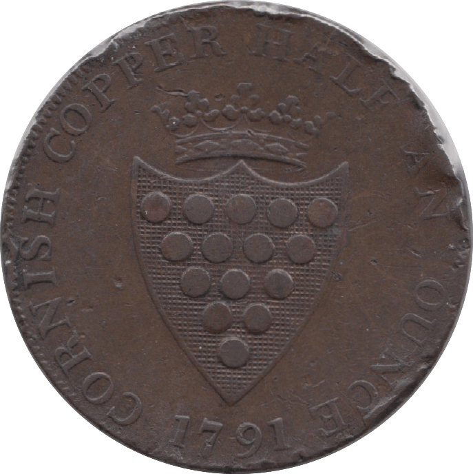 1791 HALFPENNY TOKEN CORNWALL DRUIDS HEAD SHIELD OF ARMS PLAIN DH2 ( REF 207 )