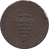 1791 HALFPENNY TOKEN CORNWALL DRUIDS HEAD SHIELD OF ARMS PLAIN DH2 ( REF 207 )