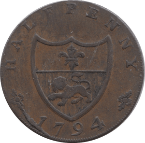 1794 HALFPENNY TOKEN LANCASHIRE JOHN OF GAUNT SHIELD OF ARMS DH44A ( REF 158 )