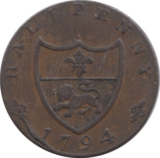 1794 HALFPENNY TOKEN LANCASHIRE JOHN OF GAUNT SHIELD OF ARMS DH44A ( REF 158 )