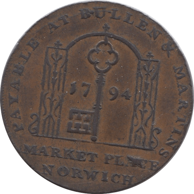 1794 HALFPENNY TOKEN NORFOLK PLOUGH AND SHUTTLE KEY AND ARCH DH19 ( REF 103 )