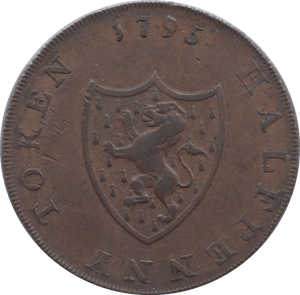 1795 HALFPENNY TOKEN MIDDLESEX MALE IN HELMET SHIELD OF ARMS ( VF ) ( REF 129 )