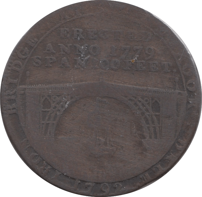 1792 HALFPENNY TOKEN SHROPSHIRE NEW IRON TRADE MAN AT MACHINE IRON BRIDGE DH11 RR ( REF 156 )