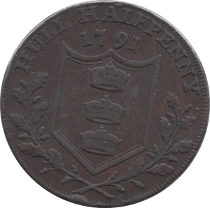 1791 HALFPENNY TOKEN YORKSHIRE WILLIAM III MOUNTED HULL SHIELD OF ARMS DH20 ( REF 177 )