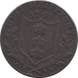 1791 HALFPENNY TOKEN YORKSHIRE WILLIAM III MOUNTED HULL SHIELD OF ARMS DH20 ( REF 177 )