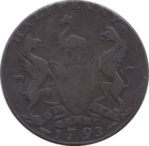 1793 HALFPENNY TOKEN YORKSHIRE EAST INDIA HOUSE GROCERS ARMS DH16 ( REF 174 )